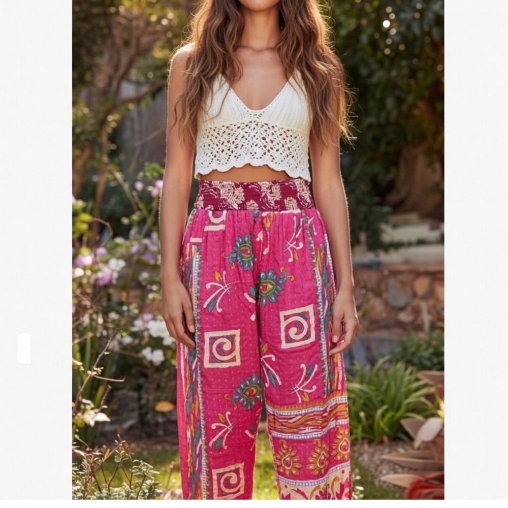KANTHA SHE’S1OAK LOUNGE HAREM PANTS WITH POCKETS Bohemian Orange Patterned Pants - Picture 5 of 7